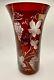 Vintage Egermann Czech Ruby Red Cut To Clear Floral Grapes 8 Vase, Hard To Find