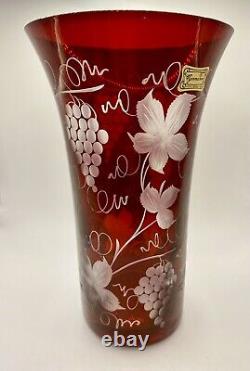 Vintage Egermann Czech Ruby Red Cut to Clear Floral Grapes 8 Vase, Hard to Find