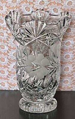 Vintage Footed Etched Etched Frosted Floral Cut Glass Vase Rare