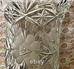 Vintage Footed Etched Etched Frosted Floral Cut Glass Vase Rare