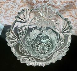 Vintage Footed Etched Etched Frosted Floral Cut Glass Vase Rare