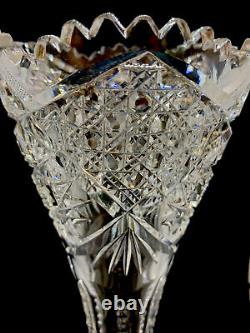 Vintage Hand Cut Crystal Trumpet Vase Hobstar Fan Cane Cuts 12 3/8 Tall