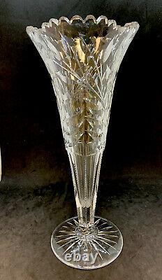 Vintage Hand Cut Crystal Trumpet Vase Sawtooth Edge Floral Design 11 3/4 Tall