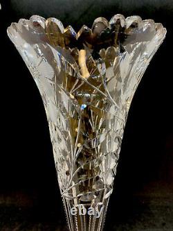 Vintage Hand Cut Crystal Trumpet Vase Sawtooth Edge Floral Design 11 3/4 Tall