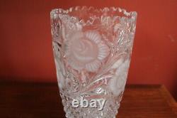 Vintage Hand-Cut Lead Crystal Flower Vase, Heavy Glass Etched 10 Tall