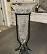 Vintage Handmade Blown / Cut Glass 11 Vase Black Iron Metal Stand Rare 121