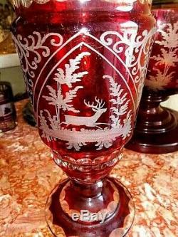 Vintage Huge Red Bohemian Leaded Cut-to-Clear Chalice with Lid, XIX C