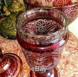 Vintage Huge Red Bohemian Leaded Cut-to-Clear Chalice with Lid, XIX C