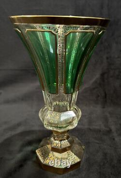 Vintage Kusak Cut Glass Works Vase Gold Panel Green 9 3/4 inches Tall