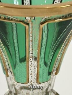 Vintage Kusak Cut Glass Works Vase Gold Panel Green 9 3/4 inches Tall