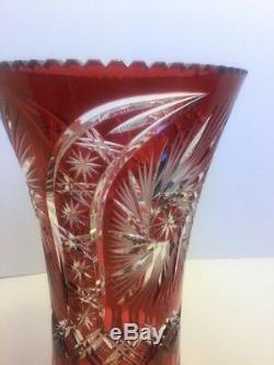 Vintage LARGE 11 Crystal Ruby Vase Cut To Clear Czech Bohemian Vase