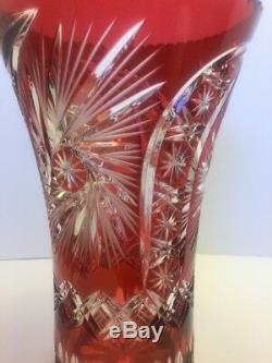 Vintage LARGE 11 Crystal Ruby Vase Cut To Clear Czech Bohemian Vase