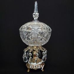 Vintage L&L WMC Crystal Bowl withMarble & Brass Pedestal, & 10 Prism Crystals 15