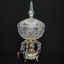 Vintage L&L WMC Crystal Bowl withMarble & Brass Pedestal, & 10 Prism Crystals 15