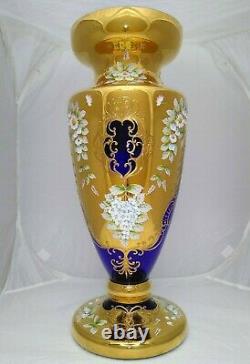 Enamel Detail Cobalt Cut-to-Clear Bohemian Czech Art Glass Vase