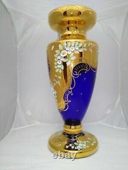Vintage Large Bohemian Czech Cobalt Blue Enamel Hand Cut Crystal Vase 20 Tall