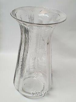 Vintage Large Crystal Glass Flower Vase Etched Antique Collectible Glassware