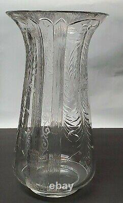 Vintage Large Crystal Glass Flower Vase Etched Antique Collectible Glassware