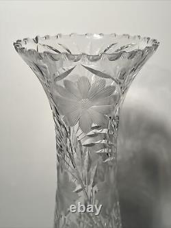 Vintage Large Flower Vase Deep Hand-Cut Lead Crystal Heavy Glass Etched 14 Tall