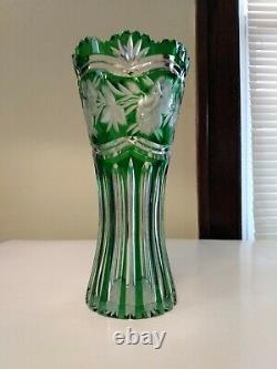 Vintage Lausitzer Bleikristall Lead Crystal 10 1/4 Cut Green To Clear Vase