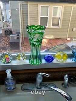 Vintage Lausitzer Bleikristall Lead Crystal 10 1/4 Cut Green To Clear Vase