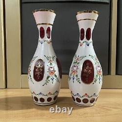 Vintage Lausitzer Crystal Bohemian Floral Ruby Red Vase Set Hand Blown Hand Cut