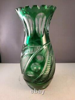 Vintage Lausitzer Lead Crystal Cut Green To Clear Vase 8 1/4 With Sticker