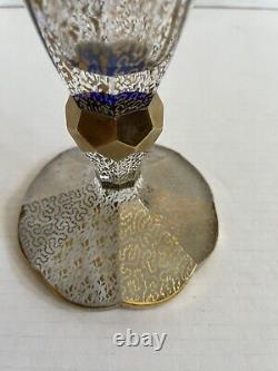 Vintage MCM Bohemia Glass Blue Cut Crystal Vase with Gold Gilt