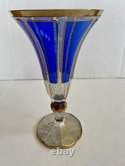 Vintage MCM Bohemia Glass Blue Cut Crystal Vase with Gold Gilt