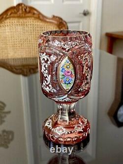 Vintage MOSER Bohemian Highly Ornate CRANBERRY Cut to Clear Crystal Vase 7 Exc