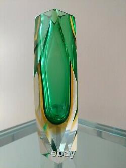 Vintage MURANO MANDRUZATTO Green and Yellow Sommerso Facet cut vase