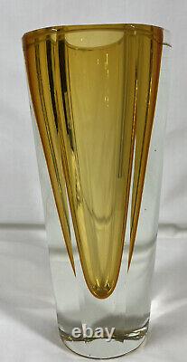 Vintage Mandruzzato Faceted Heavy Cut Sommerso Art Glass Amber Vase MCM Italy