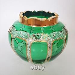 Vintage Moser Emerald Green Cut Glass Vase Gold Gild Paneled Cabochon Bohemian