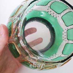Vintage Moser Emerald Green Cut Glass Vase Gold Gild Paneled Cabochon Bohemian