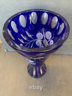 Vintage Nachtmann Cobalt Blue cut clear crystal glass Flower Tall Vase germany