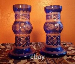Vintage Pair Of Cut Glass Czech Bohemian Blue Mantel Vases