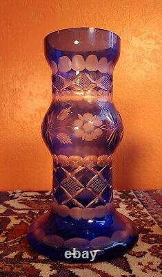 Vintage Pair Of Cut Glass Czech Bohemian Blue Mantel Vases