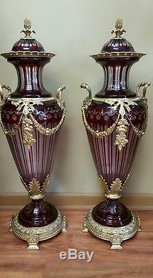 Vintage Pair Of Dark Red Italian Cut Crystal Vases With Gilt Bronze Mounts Rare