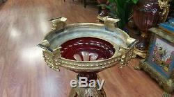 Vintage Pair Of Dark Red Italian Cut Crystal Vases With Gilt Bronze Mounts Rare