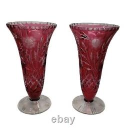 Vintage Pair Vases Cut To Clear Cranberry Color Ornate Large Cut Glass Vases 11
