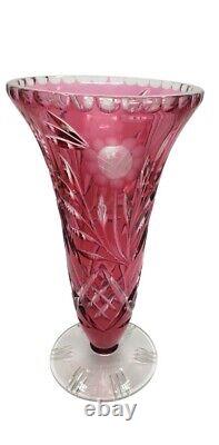Vintage Pair Vases Cut To Clear Cranberry Color Ornate Large Cut Glass Vases 11