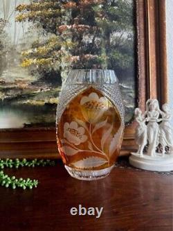 Vintage Polish Hand Cut Leaded Crystal Amber Swan Vase