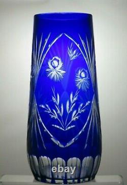 Vintage Rare Bohemia Crystal Cut To Clear Cobalt Blue Vase 11 3/4 Tall