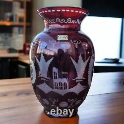 Vintage Ruby Red Hand Cut To Clear Glass Vase Egermann Czechoslovakia 1940s