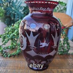 Vintage Ruby Red Hand Cut To Clear Glass Vase Egermann Czechoslovakia 1940s
