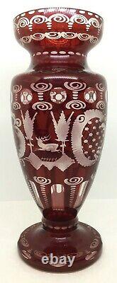 Vintage Signed Egermann Vase Bohemian Ruby Red Cut to Clear Glass Deer Stag