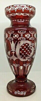Vintage Signed Egermann Vase Bohemian Ruby Red Cut to Clear Glass Deer Stag