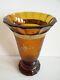 Vintage Signed Moser Bohemian Amber Acid Etched Cut Glass Vase 8.3 Tall