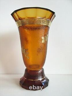 Vintage Signed MOSER Bohemian Amber Acid Etched Cut Glass Vase 8.3 tall