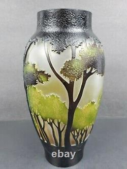 Vintage Studio Acid Cut or Cameo Style Art Glass Back Lit Forest Landscape Trees